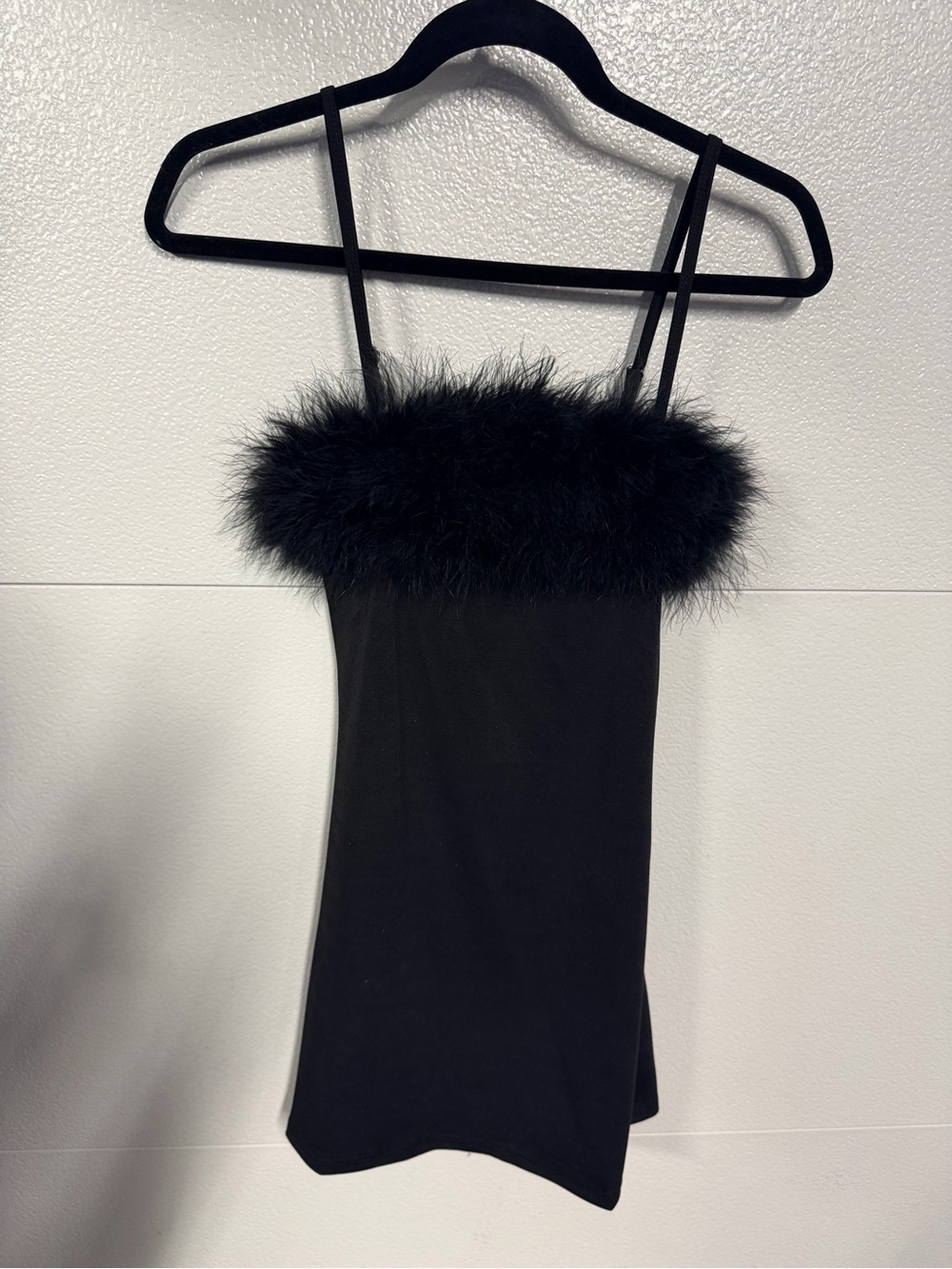 Sugar Thrillz Black Feather Trim Spaghetti Strap Mini Dress